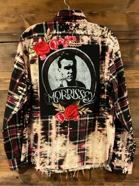 CUSTOM MORRISSEY Distressed Plaid Flannel Shirt w/Red Emb Roses
MENS Medium